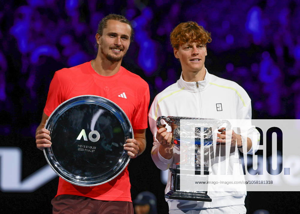 Winner Jannik Sinner and finalist Alexander Zverev, Award ceremony, Presentation, Australian Open 2025, Melbourne Park, Melbourne, Victoria, Australia