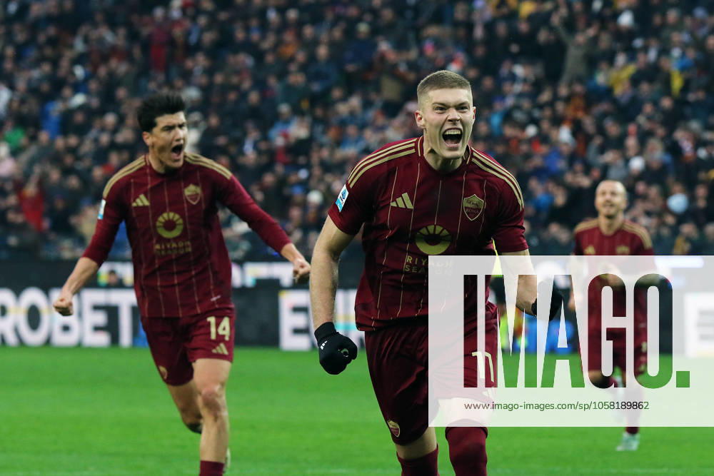 Roma s Artem Dovbyk celebrates after scoring the 1-2 goal for his team during the Serie A soccer match between Udinese and Roma at the Bluenergy Stadium in Udine, north east Italy - Sunday, January 26,2025 - soccer