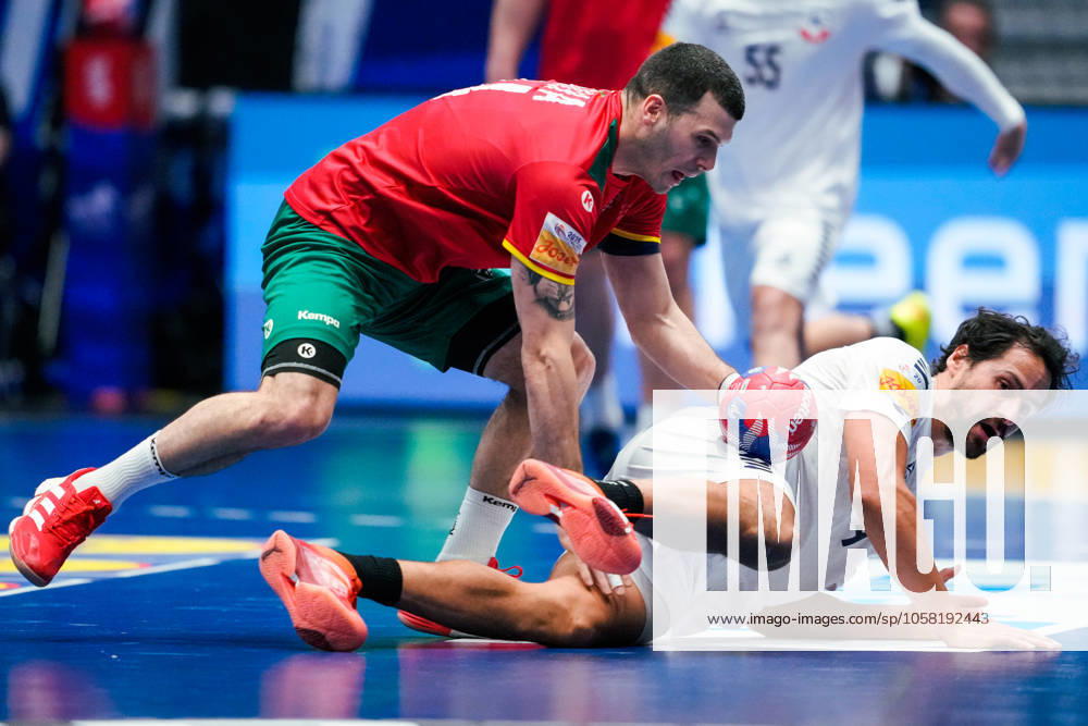Handball World Cup 2025 main round Portugal Chile Fornebu 20250126 Portugals Rui Silva and Chiles Erwin Feuchtmann during the World Cup handball match between Portugal and Chile in Unity Arena Photo Beate Oma Dahle NTB Fornebu Norway RESTRICTED USE FOR BETTING COMPANIES