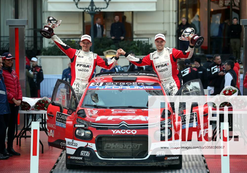 PODIUM RALLYE MONTE-CARLO PHOTOPQR NICE MATIN Jean François Ottonello ; Monaco ; 26 01 2025 ; Podium du 93e Rallye de Monte-Carlo 2025 - Leo Rossel et Guillaume Mercoiret troisiemes WRC2 Monaco Jan 26th 2025 Monte Carlo rally arrival Monaco France