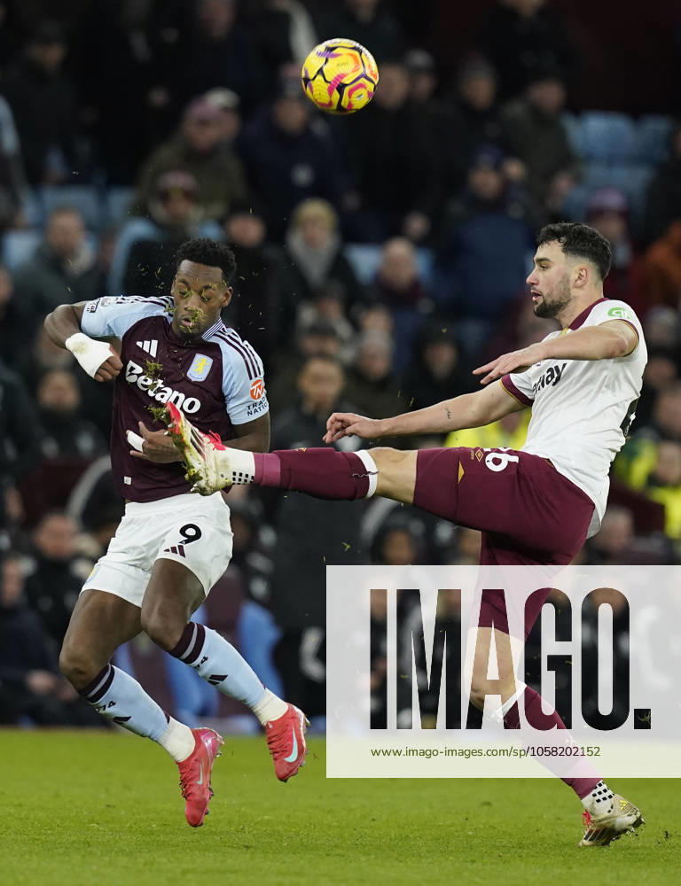 Birmingham, England, 26th January 2025. Jhon Duran of Aston Villa (L) is challenged by Max Kilman of West Ham United during the Premier League match at Villa Park, Birmingham. Picture credit should read: Andrew Yates Sportimage . SPI_012_AY_VILLA_WEST_HAM SPI-3631-0012