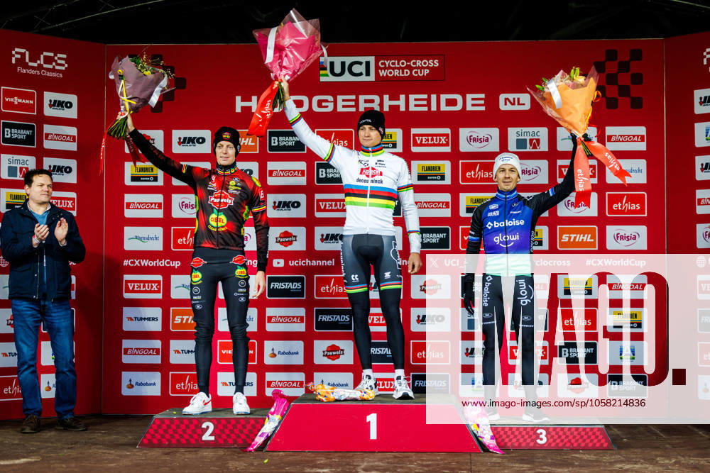 Mathieu van der Poel NED, 1st , Michael Vanthourenhout BEL, 2nd , Lars van der Haar NED, 3th during the World Cup Cyclo Cross 2024 2025 in HOOGERHEIDE, Netherlands on 26 january 2025, photo by Jules van Iperen EYE4images DeFodi Images Defodi 746 211459 Defodi-746