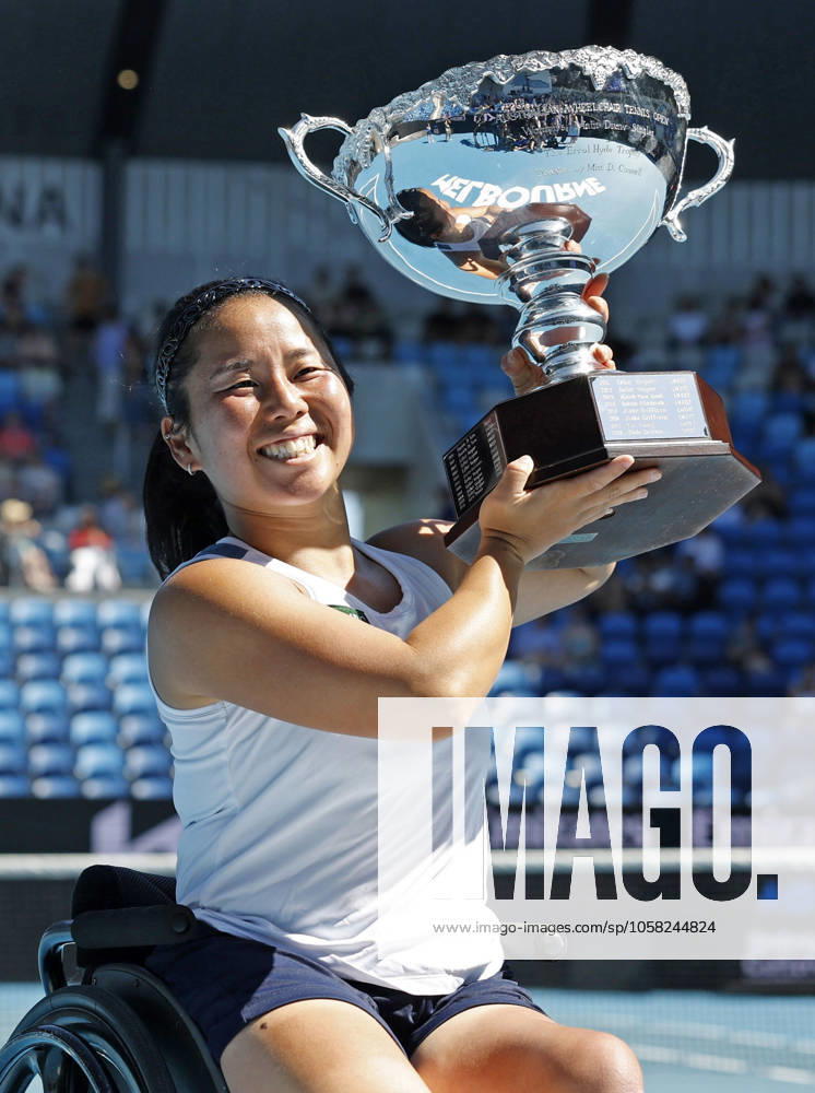 Tennis: Australian Open Yui Kamiji of Japan celebrates with the victor s trophy after winning the women s wheelchair singles title at the Australian Open tennis tournament in Melbourne on Jan. 25, 2025. A14AA0004057787P