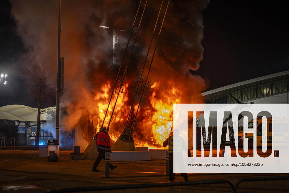 KW05 29th January 2025; Etihad Stadium, Manchester, England; UEFA Champions League Football, Manchester City versus Club Brugge; A merchandise stand goes up in flames outside the Etihad Stadium ActionPlus12745066 GodfreyxPitt