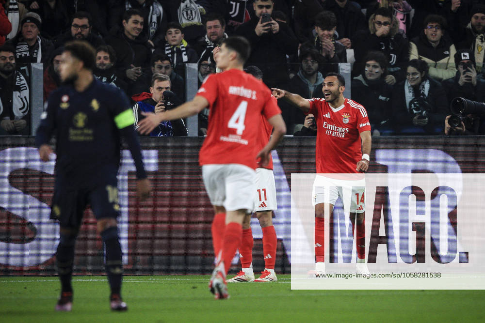 Juventus v SL Benfica - UEFA Champions League 2024 25 League Phase MD8 SL Benfica forward Vaggelis Paulidis (14) celebrates with his teammates after scoring his goal to make it 1-0 during the UEFA Champions League league phase football match number 8, Juventus vs. Benfica, in Turin, Piedmont, Italy, on January 29, 2025, at the Allianz Stadium. Turin Piedmont Italy
