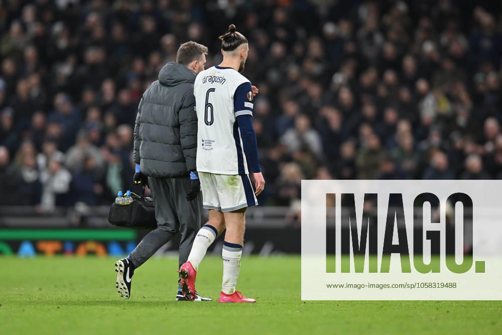Radu Dragusin of Tottenham Hotspur tries to run off an injury only to find it too much and needs to be substituted during the UEFA Europa League match between Tottenham Hotspur and Elfsborg at Tottenham Hotspur Stadium, London, England on 30 January 2025.