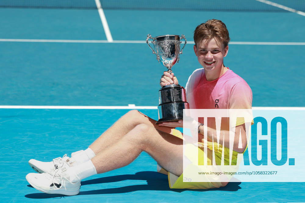 Henry Bernet SUI with cup, trophy, award ceremony, presentation, Australian Open 2025, Melbourne Park, Melbourne, Victoria, Australia