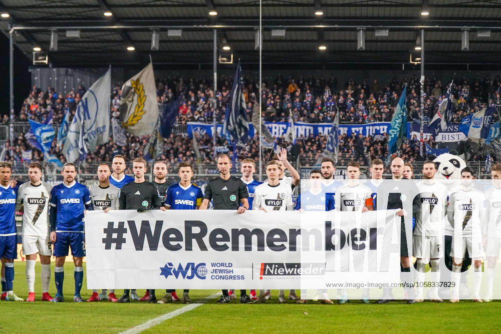 Germany 2 Bundesliga 2024 2025, Matchday 20 SV Elversberg vs Karlsruher SC Ursapharm Arena an der Kaiserlinde Elversberg Commemoration of the Holocaust, WeRemember, Never again, Anti-Semitism, Culture of remembrance, Sport against hate, 2 Bundesliga, Solidarity, World Jewish Congress, stadium, fans, banner, fair play, UEFA, FIFA, defending democracy, right-wing extremism, fan protests, political messages in sport, conveying values, symbol of social commitment, cohesion, human rights, tolerance, education against prejudice