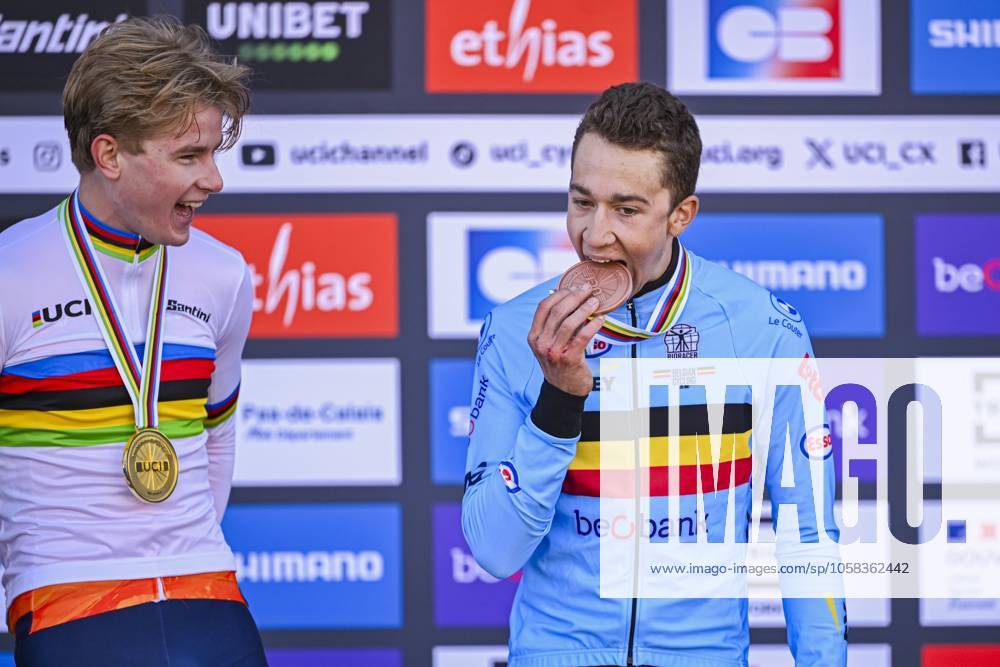 2025 UCI Cyclo-Cross WC - Men Under 23 LIEVIN, FRANCE - FEBRUARY 01 : Michels Jente (BEL) , Del Grosso Tibor (NED) on the podium during the 2025 UCI Cyclo-Cross World Championships for Men Under 23 on February 01, 2025 in Lievin, France, 01 02 2025 Lievin France