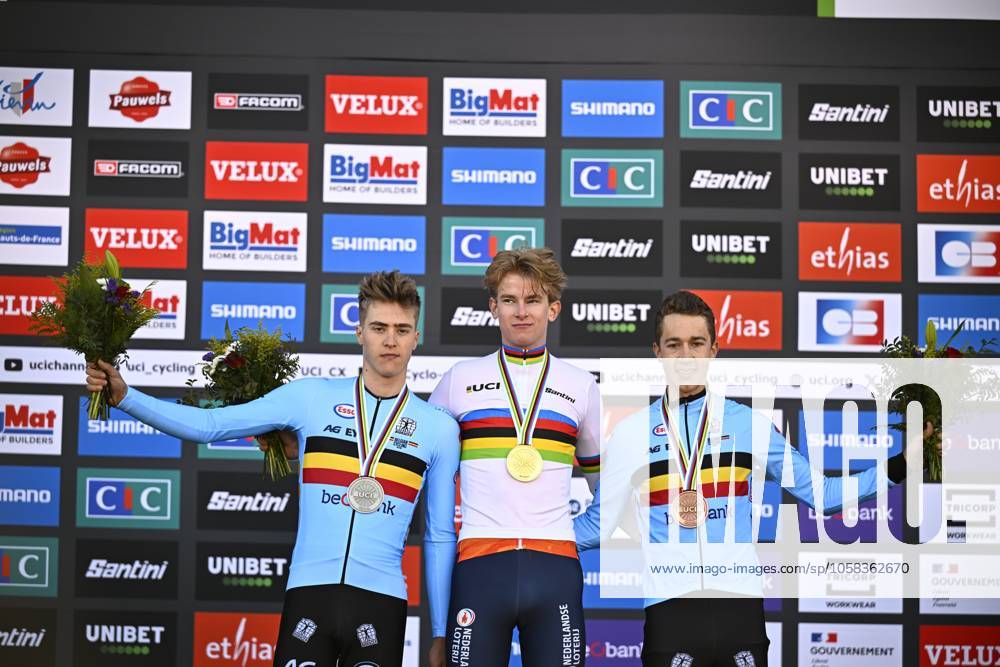 Belgian Kay De Bruyckere, Dutch Tibor Del Grosso and Belgian Jente Michels celebrate on the podium after the men U23 race, at the UCI Cyclocross World Championships, in Lievin, France, Saturday 01 February 2025. The world championships are taking place from 31 January until 02 February. JASPERxJACOBS x111573650x
