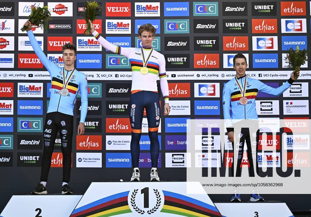 Belgian Kay De Bruyckere, Dutch Tibor Del Grosso and Belgian Jente Michels celebrate on the podium after the men U23 race, at the UCI Cyclocross World Championships, in Lievin, France, Saturday 01 February 2025. The world championships are taking place from 31 January until 02 February. JASPERxJACOBS x111573689x