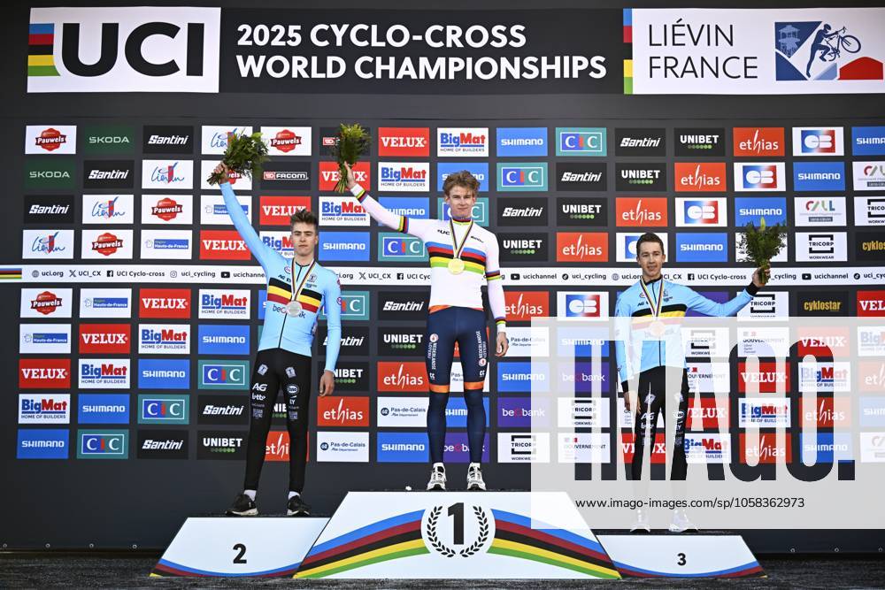 Belgian Kay De Bruyckere, Dutch Tibor Del Grosso and Belgian Jente Michels celebrate on the podium after the men U23 race, at the UCI Cyclocross World Championships, in Lievin, France, Saturday 01 February 2025. The world championships are taking place from 31 January until 02 February. JASPERxJACOBS x111573694x