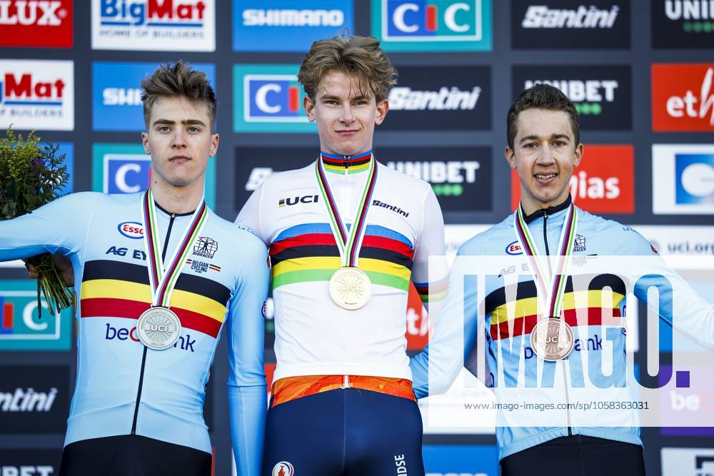 LIEVIN, FRANCE - (l-r) Kay De Bruyckere (second), Tibor Del Grosso (first), Jente Michels (third) on the podium after the cyclocross World Cup in Lievin, France. ANP BAS CZERWINSKI ANPxSportx IVx 518849070 originalFilename: 518849070