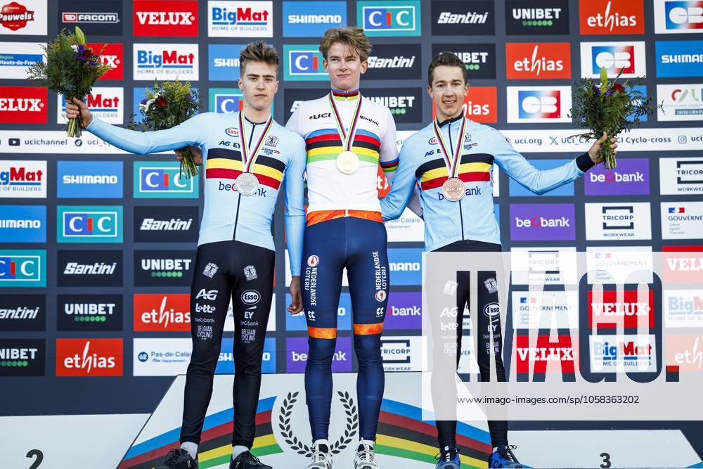 LIEVIN, FRANCE - (l-r) Kay De Bruyckere (second), Tibor Del Grosso (first), Jente Michels (third) on the podium after the cyclocross World Cup in Lievin, France. ANP BAS CZERWINSKI ANPxSportx IVx 518849120 originalFilename: 518849120