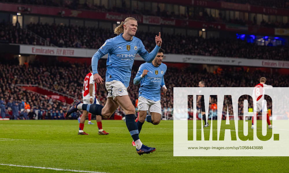 Football - FA Premier League - Arsenal FC v Manchester City FC LONDON, ENGLAND - Sunday, February 2, 2025: Manchester City s Erling Haaland celebrates after scoring the first equalising goal during the FA Premier League match between Arsenal FC and Manchester City FC at the Emirates Stadium. (Photo by David Rawcliffe Propaganda) LONDON Emirates Stadium GREATER LONDON ENGLAND