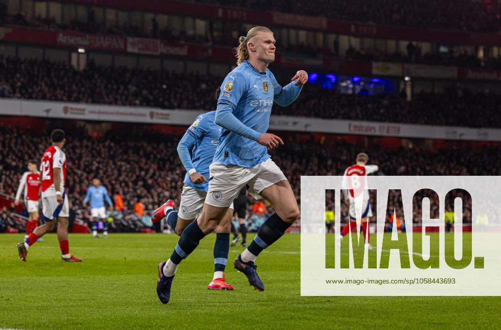 Football - FA Premier League - Arsenal FC v Manchester City FC LONDON, ENGLAND - Sunday, February 2, 2025: Manchester City s Erling Haaland celebrates after scoring the first equalising goal during the FA Premier League match between Arsenal FC and Manchester City FC at the Emirates Stadium. (Photo by David Rawcliffe Propaganda) LONDON Emirates Stadium GREATER LONDON ENGLAND