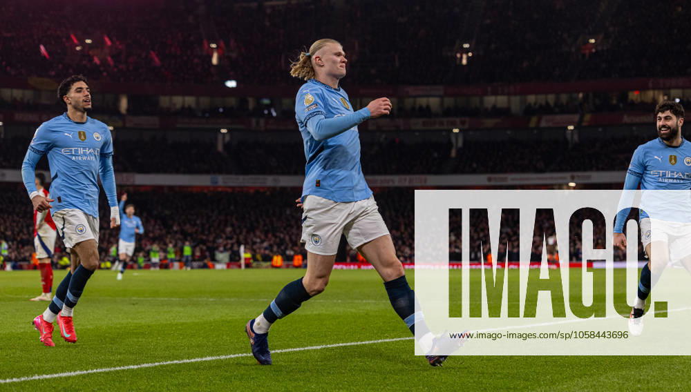 Football - FA Premier League - Arsenal FC v Manchester City FC LONDON, ENGLAND - Sunday, February 2, 2025: Manchester City s Erling Haaland celebrates after scoring the first equalising goal during the FA Premier League match between Arsenal FC and Manchester City FC at the Emirates Stadium. (Photo by David Rawcliffe Propaganda) LONDON Emirates Stadium GREATER LONDON ENGLAND