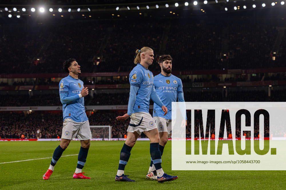 Football - FA Premier League - Arsenal FC v Manchester City FC LONDON, ENGLAND - Sunday, February 2, 2025: Manchester City s Erling Haaland celebrates after scoring the first equalising goal during the FA Premier League match between Arsenal FC and Manchester City FC at the Emirates Stadium. (Photo by David Rawcliffe Propaganda) LONDON Emirates Stadium GREATER LONDON ENGLAND