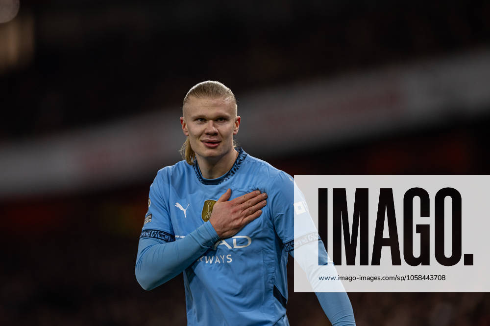 Football - FA Premier League - Arsenal FC v Manchester City FC LONDON, ENGLAND - Sunday, February 2, 2025: Manchester City s Erling Haaland celebrates after scoring the first equalising goal during the FA Premier League match between Arsenal FC and Manchester City FC at the Emirates Stadium. (Photo by David Rawcliffe Propaganda) LONDON Emirates Stadium GREATER LONDON ENGLAND