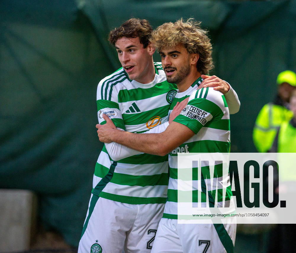 2nd February 2025; Fir Park, Motherwell, Scotland; Scottish Premiership Football, Motherwell versus Celtic; Jota Joao Pedro Neves Filipe of Celtic celebrates with Paulo Bernardo of Celtic after he scored in the 94th minute to make it 3-1 to Celtic ActionPlus12747073 VagelisxGeorgariou Content restricted for UK based newspaper