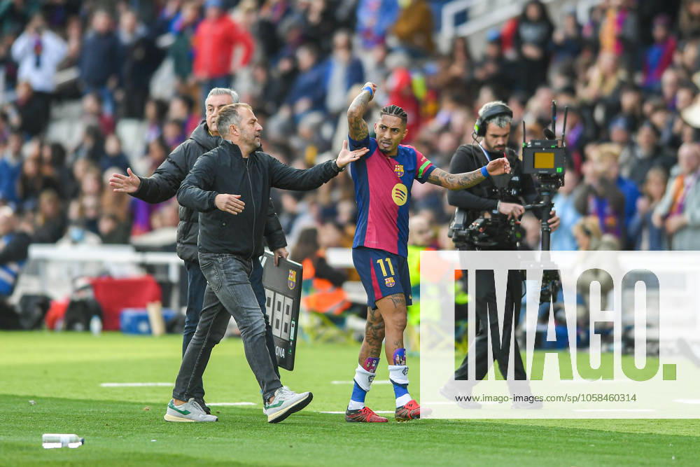 FC Barcelona, Barca v DEPORTIVO ALAVES. OLIMPIC STADIUM LLUIS COMPANYS. MONTJUIC,BARCELONA. February 2,2025 FC BARCELONA vs DEPORTIVO ALAVES. February 2, 2025 Raphina (11) of FC Barcelona and Hansi Flick head coach of FC Barcelona after being replaced during the match between FC Barcelona and Deportivo Alaves corresponding to the twenty two day of La Liga EA Sports at Olimpic Stadium Lluis Companys of Montjuic in Barcelona, Spain. Barcelona ESP