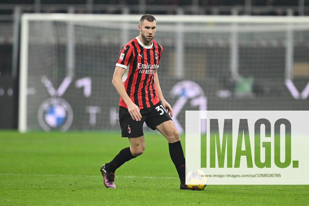 Strahinja Pavlovic of AC Milan in action during the Coppa Italia round of quarter finals match between AC Milan and AS Roma on 5 February 2025 at Giuseppe Meazza San Siro Siro stadium in Milan, Italy