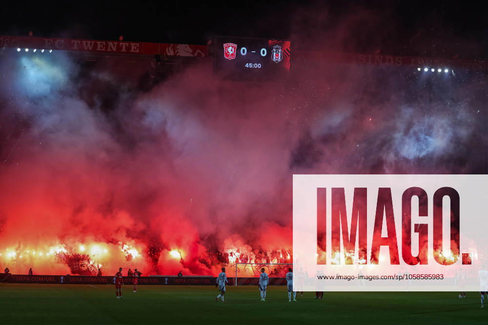 Soccer UEFA Europa League matchday 8 FC Twente Enschede Besiktas JK on 30 01 2025 at Arena De Grolsch Veste in Enschede Fans ignite Bengalos Pyrotechnics Pyro flares Smoke bombs in the fan block of Enschede