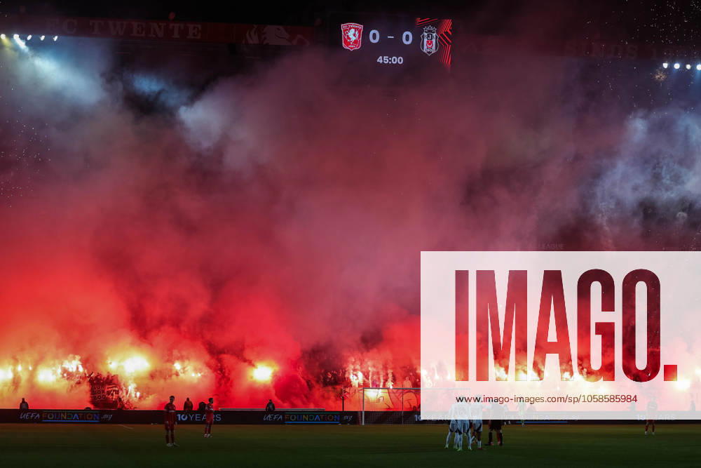 Soccer UEFA Europa League matchday 8 FC Twente Enschede Besiktas JK on 30 01 2025 at Arena De Grolsch Veste in Enschede Fans ignite Bengalos Pyrotechnics Pyro flares Smoke bombs in the fan block of Enschede