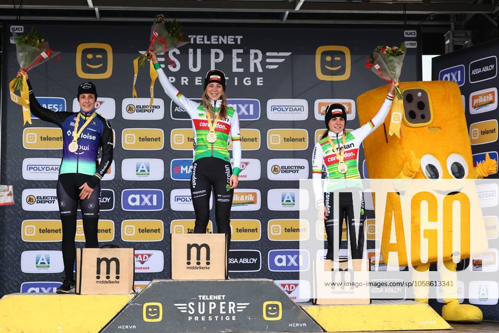 Dutch Lucinda Brand, Dutch Inge van der Heijden and Italian Sara Casasola pictured on the podium after the women elite race of the Noordzeecross cyclocross cycling event in Middelkerke, the eighth and last race of the Superprestige competition on Saturday 08 February 2025. DAVIDxPINTENS x111984024x