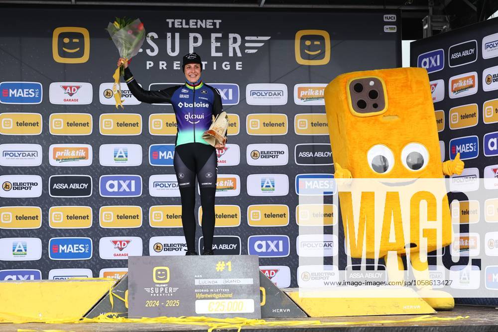 Dutch Lucinda Brand celebrates on the podium after the women elite race of the Noordzeecross cyclocross cycling event in Middelkerke, the eighth and last race of the Superprestige competition on Saturday 08 February 2025. DAVIDxPINTENS x111984105x