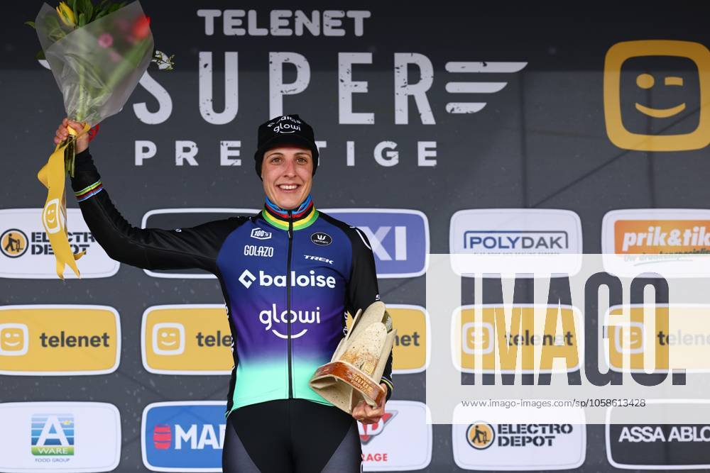 Dutch Lucinda Brand celebrates on the podium after the women elite race of the Noordzeecross cyclocross cycling event in Middelkerke, the eighth and last race of the Superprestige competition on Saturday 08 February 2025. DAVIDxPINTENS x111984124x