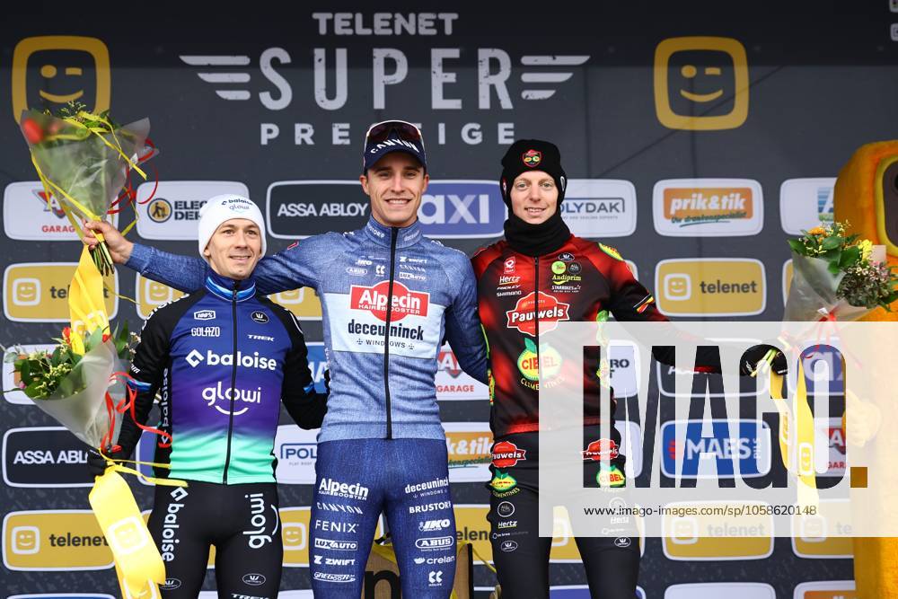 Dutch Lars Van Der Haar, Belgian Niels Vandeputte and Belgian Michael Vanthourenhout pictured on the podium after the men elite race of the Noordzeecross cyclocross cycling event in Middelkerke, the eighth and last race of the Superprestige competition on Saturday 08 February 2025. DAVIDxPINTENS x111992588x