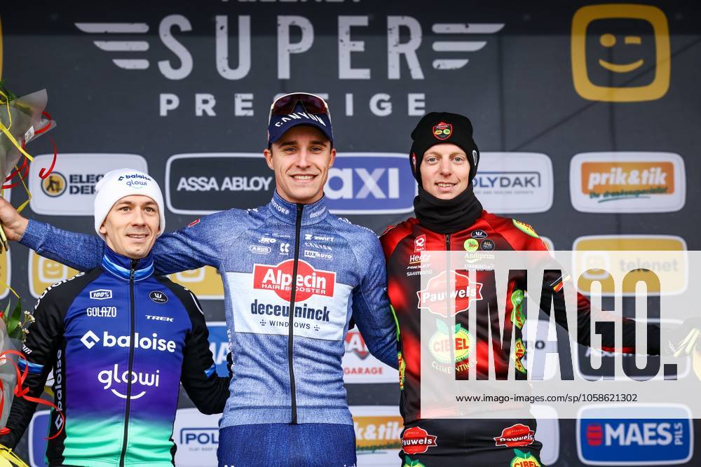 Dutch Lars Van Der Haar, Belgian Niels Vandeputte and Belgian Michael Vanthourenhout pictured on the podium of the general classement after the men elite race of the Noordzeecross cyclocross cycling event in Middelkerke, the eighth and last race of the Superprestige competition on Saturday 08 February 2025. DAVIDxPINTENS x111993540x