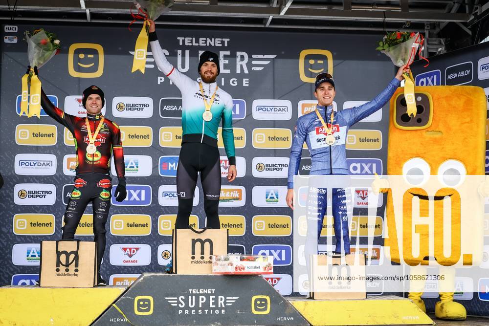 Belgian Eli Iserbyt, Dutch Joris Nieuwenhuis and Belgian Niels Vandeputte pictured on the podium after the men elite race of the Noordzeecross cyclocross cycling event in Middelkerke, the eighth and last race of the Superprestige competition on Saturday 08 February 2025. DAVIDxPINTENS x111993554x