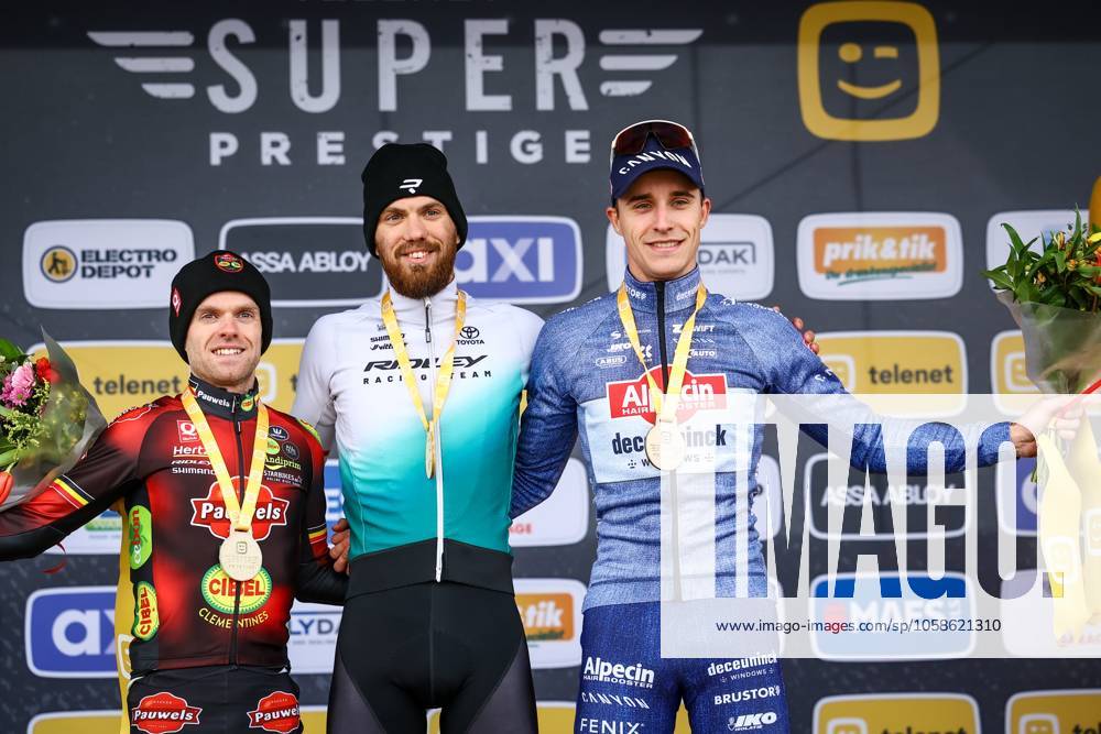 Belgian Eli Iserbyt, Dutch Joris Nieuwenhuis and Belgian Niels Vandeputte pictured on the podium after the men elite race of the Noordzeecross cyclocross cycling event in Middelkerke, the eighth and last race of the Superprestige competition on Saturday 08 February 2025. DAVIDxPINTENS x111993557x