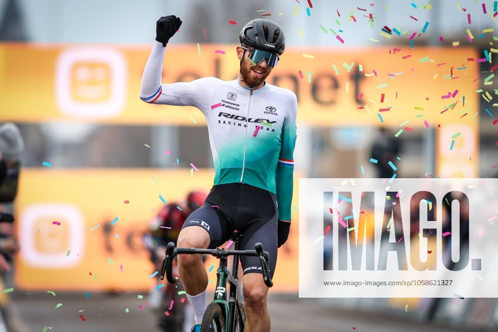 Dutch Joris Nieuwenhuis celebrates as he crosses the finish line to win the men elite race of the Noordzeecross cyclocross cycling event in Middelkerke, the eighth and last race of the Superprestige competition on Saturday 08 February 2025. DAVIDxPINTENS x111993612x