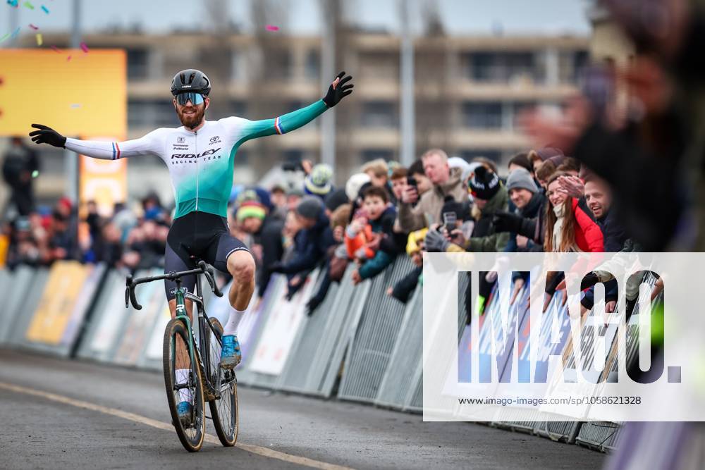 KW06 Dutch Joris Nieuwenhuis celebrates as he crosses the finish line to win the men elite race of the Noordzeecross cyclocross cycling event in Middelkerke, the eighth and last race of the Superprestige competition on Saturday 08 February 2025. DAVIDxPINTENS x111993618x