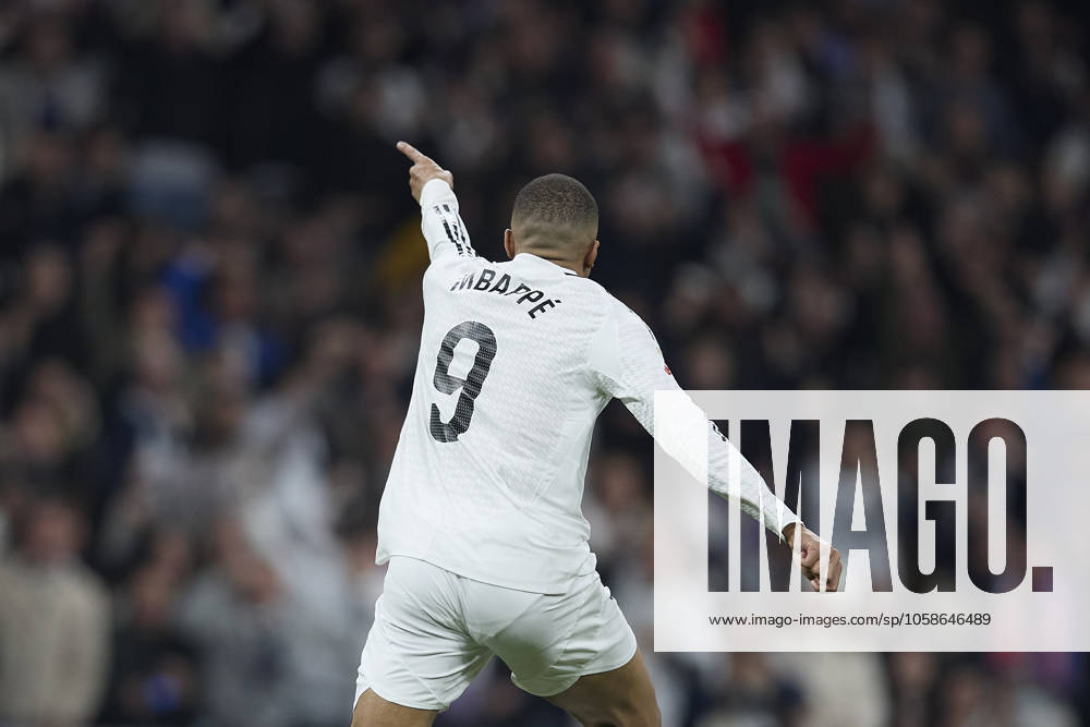 Kyliam Mbappe Real Madrid CF celebrates after scoring his team˜s first goal during the LaLiga match between Real Madrid and Atlà tico Madrid at Santiago Bernabà u on February 8, 2025 in Madrid, Spain Photo by Manu Reino DeFodi Images Defodi 071 RMCATL20250208 065 Defodi-071