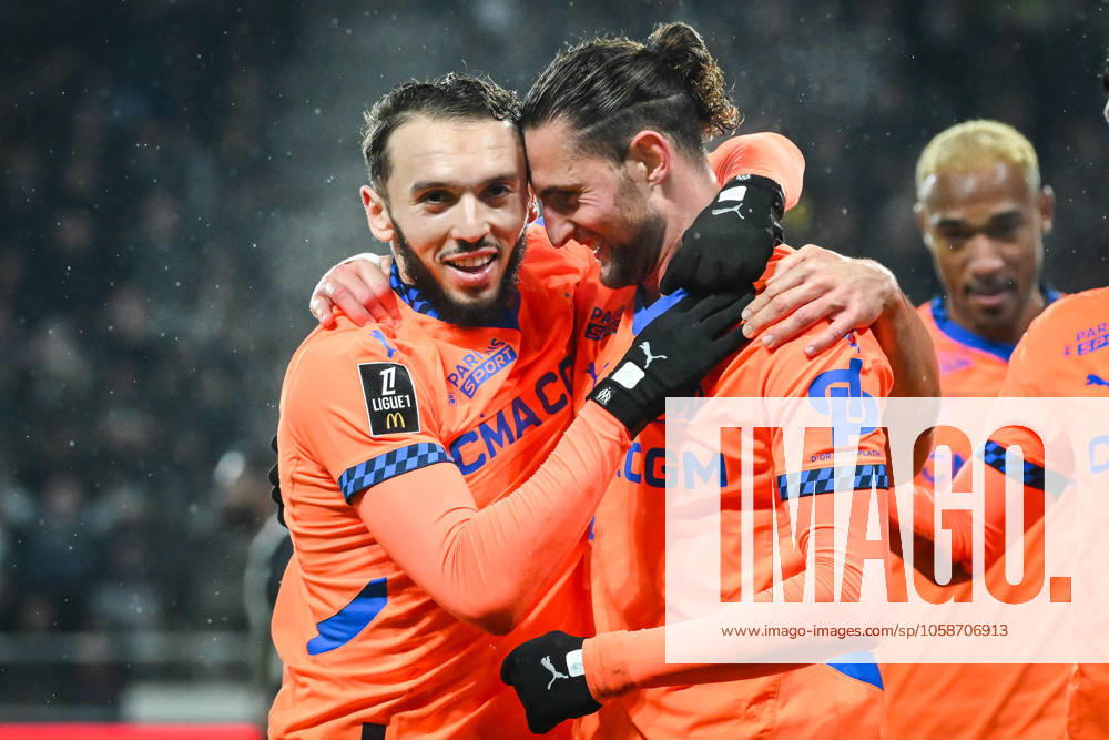 Adrien RABIOT of Marseille celebrate his goal with Amine GOUIRI of Marseille during the Ligue 1 match between Angers SCO and Olympique de Marseille (OM) at Raymond Kopa Stadium on February 09, 2025 in Angers, France. Angers France - ZUMAm308 20250209_zsp_m308_008