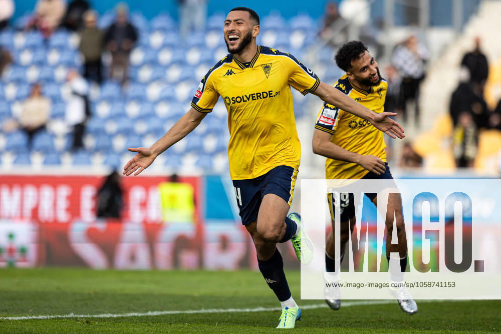Yanis Begraoui of GD Estoril Praia celebrates after scoring a goal during the Liga Portugal Betclic match between Estoril Praia Futebol SAD and Boavista FC at Estadio Antonio Coimbra da Mota. Final score: Estoril Praia Futebol SAD 2 - 1 Boavista FC Cascais Portugal - ZUMAs197 20230130_aaa_s197_070