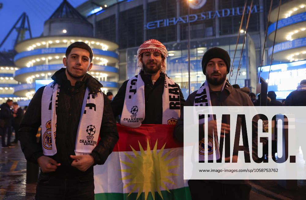 Manchester City v Real Madrid Champions League 11 02 2025. Fans outside the stadium ahead of the Champions League match between Manchester City and Real Madrid at the Etihad Stadium, Manchester, England on 11 February 2025. Manchester Etihad Stadium Manchester England Editorial use only ,