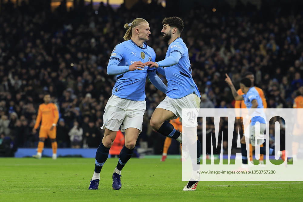 Manchester City v Real Madrid Champions League 11 02 2025. Erling Haaland (9) of Manchester City celebrates scoring with Josko Gvardiol (24) of Manchester City to make it 1-0 during the Champions League match between Manchester City and Real Madrid at the Etihad Stadium, Manchester, England on 11 February 2025. Manchester Etihad Stadium Manchester England Editorial use only ,