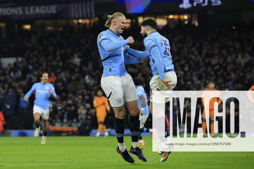 Manchester City v Real Madrid Champions League 11 02 2025. Erling Haaland (9) of Manchester City celebrates scoring with Josko Gvardiol (24) of Manchester City to make it 1-0 during the Champions League match between Manchester City and Real Madrid at the Etihad Stadium, Manchester, England on 11 February 2025. Manchester Etihad Stadium Manchester England Editorial use only ,