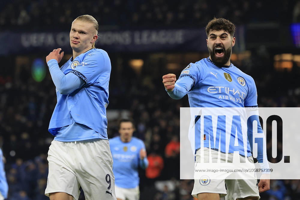 Manchester City v Real Madrid Champions League 11 02 2025. Erling Haaland (9) of Manchester City celebrates scoring with Josko Gvardiol (24) of Manchester City to make it 1-0 during the Champions League match between Manchester City and Real Madrid at the Etihad Stadium, Manchester, England on 11 February 2025. Manchester Etihad Stadium Manchester England Editorial use only ,