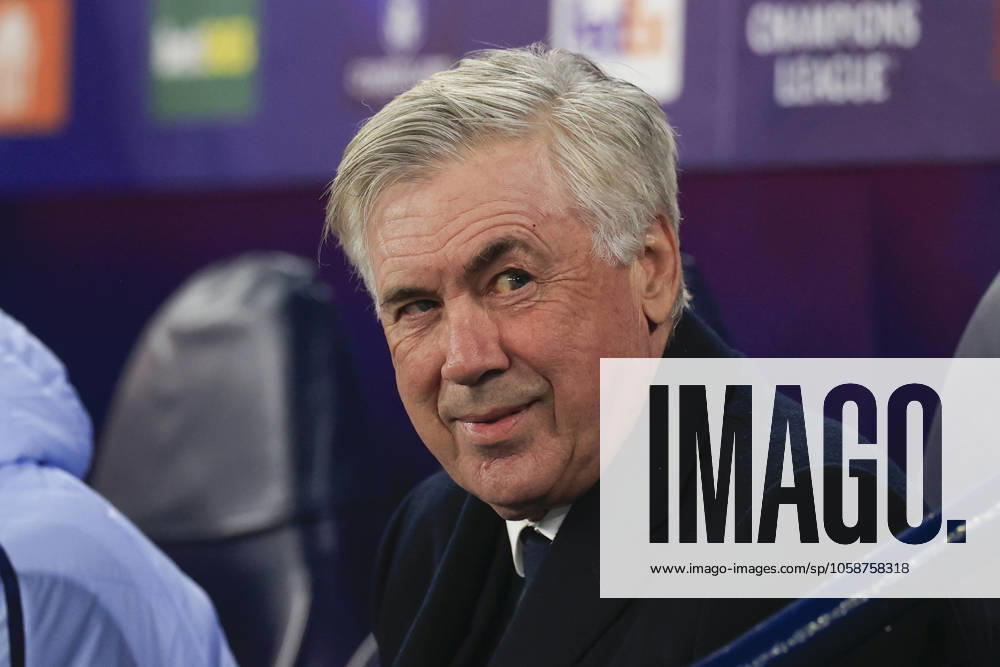 Manchester City v Real Madrid Champions League 11 02 2025. Carlo Ancelotti the Real Madrid manager takes his seat ahead of the Champions League match between Manchester City and Real Madrid at the Etihad Stadium, Manchester, England on 11 February 2025. Manchester Etihad Stadium Manchester England Editorial use only ,