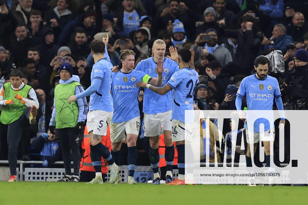 Manchester City v Real Madrid Champions League 11 02 2025. Erling Haaland (9) of Manchester City celebrates scoring to make it 2-1 during the Champions League match between Manchester City and Real Madrid at the Etihad Stadium, Manchester, England on 11 February 2025. Manchester Etihad Stadium Manchester England Editorial use only ,