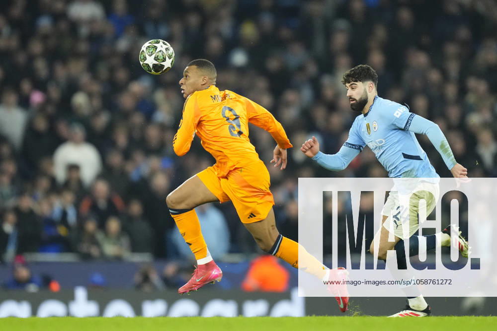 Manchester City v Real Madrid C.F. - UEFA Champions League 2024 25 League Knockout Play-off First Leg Kylian Mbappe centre-forward of Real Madrid and France and Josko Gvardiol left-back of Manchester City and Croatia compete for the ball during the UEFA Champions League 2024 25 League Knockout Play-off first leg match between Manchester City and Real Madrid C.F. at Manchester City Stadium on February 11, 2025 in Manchester, United Kingdom. Manchester England United Kingdom