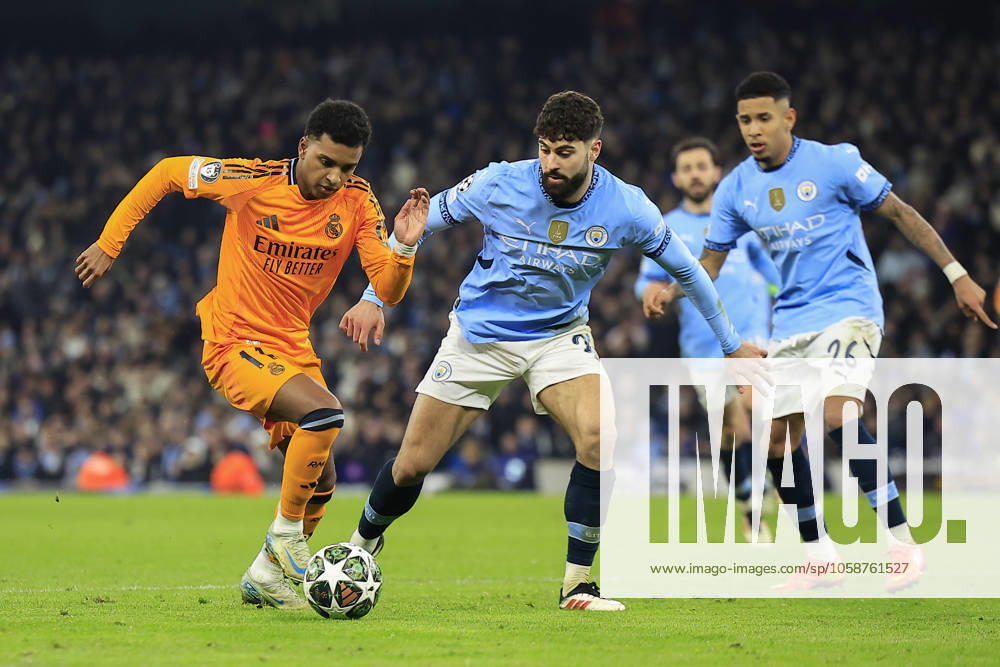 Manchester City v Real Madrid Champions League 11 02 2025. Rodrygo Goes (11) of Real Madrid and Josko Gvardiol (24) of Manchester City challenge for the ball during the Champions League match between Manchester City and Real Madrid at the Etihad Stadium, Manchester, England on 11 February 2025. Manchester Etihad Stadium Manchester England Editorial use only ,
