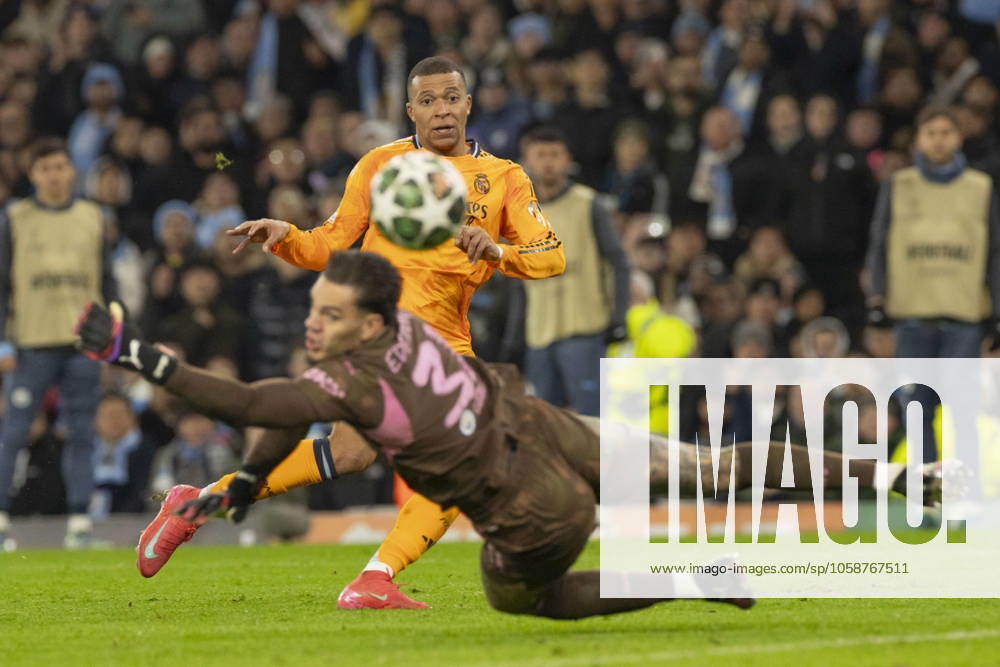 Manchester City v Real Madrid C.F. - UEFA Champions League 2024 25 League Knockout Play-off First Leg Kylian Mbappe 9 of Real Madrid CF shoots at goal during the UEFA Champions League 2024 25 Knockout Phase Play Off 1st Leg match between Manchester City and Real Madrid at the Etihad Stadium in Manchester, England, on February 11, 2025. Manchester Manchester United, ManU Kingdom
