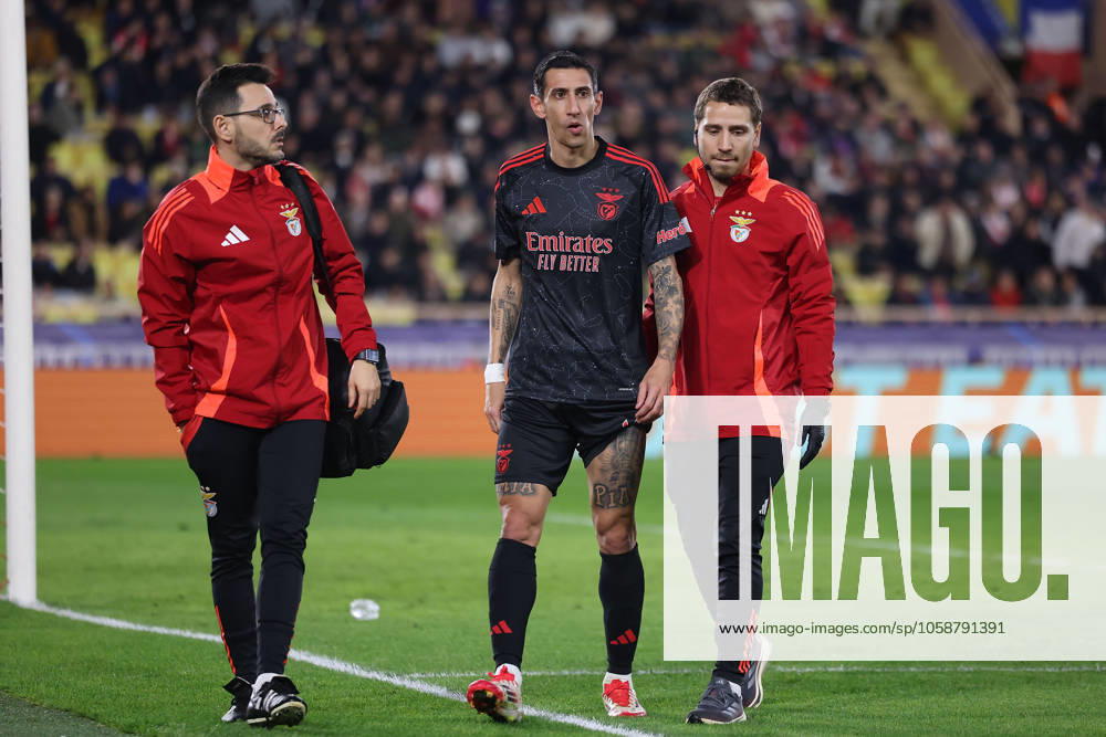 Monaco on February 12, 2025 Uefa Champions League Knockout phase play offs, 1st leg AS Monaco SL Benfica, Angel di Maria S L Benfica goes out injured, grabs his thigh